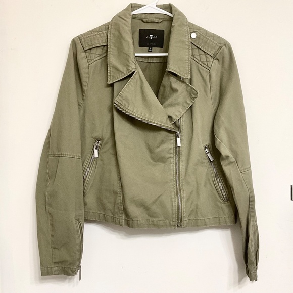 7 For All Mankind Women's Sz L Khaki Green Jacket 100% Cotton - Picture 3 of 12